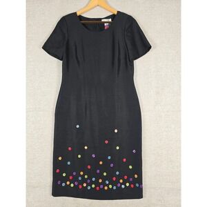 SHOMI Silk Black Dress Womens 10 Colorful Button Embellished Artsy Short Sleeve